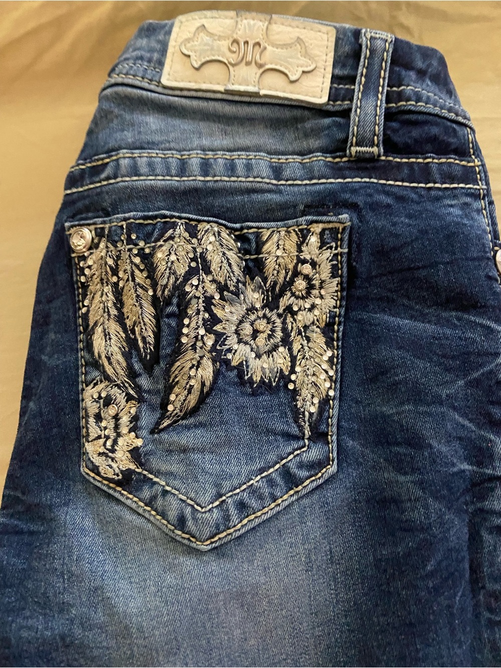 Miss Me Dark Blue Jeans with Cream Embroidered Pocket